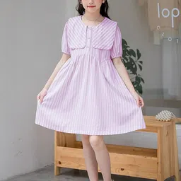 LULU & SKY Girls Striped Peter Pan Collar Puff Sleeve Fit & Flare Dress-picture-12