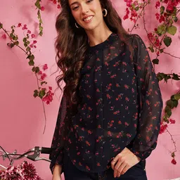 QUIERO Floral Print Cuffed Sleeves Georgette Top-image-17