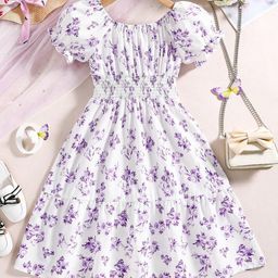 Billion Girls Floral Print Gathered or Pleated Smocked Puff Sleeve Fit & Flare Midi Dress-79