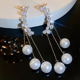 KRENOZ Gold-Plated Stones Studded & Beaded Contemporary Shaped Korean Drop Earrings-picture-8