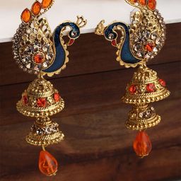 ANIKAS CREATION Gold-Plated Artificial Stoned Studded Dome Shaped Jhumkas-16