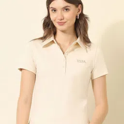 U.S. Polo Assn. Women Women Brand Logo Polo Collar Pure Cotton T-shirt-image-86