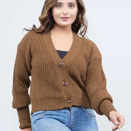 feverfew Women Self Design V Neck Brown Sweater-picture-4