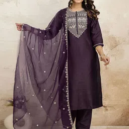 SANISA Ethnic Motifs Sequinned Straight Kurta With Trousers & Dupatta-picture-44