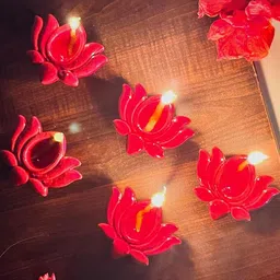 ALTAICA Set of 5 Red Ceramic Lotus Shape Diyas-image-29