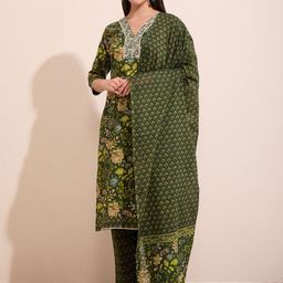 FASHOR Floral Printed Sequinned Pure Cotton Straight Kurta With Trousers & Dupatta-image-51