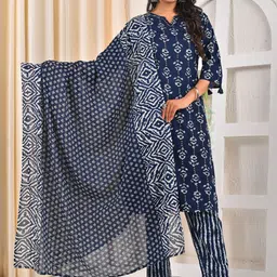 Moktika Women Floral Printed Cotton Kurta with Trousers & Dupatta-image-14
