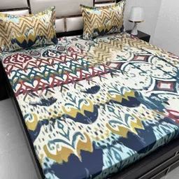 Pure Decor Blue & Mustard Abstract Pure Cotton 250 TC King Bedsheet Set 2.75 m x 2.75 m-image-47