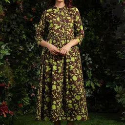Anayna Women Floral Printed Cotton Mandarin Collar Maxi Ethnic Dresses-image-88