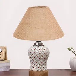 Devansh Beige Printed Wooden Frustum Shaped Table Lamp With Mosaic Glass Base image 4
