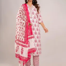 Jasoriya Floral Printed Mirror Work Notch Neck Pure Cotton Kurta with Trouser & Dupatta-49
