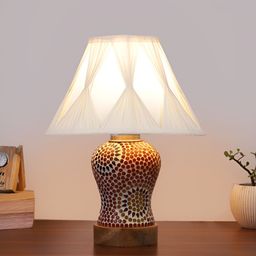 Devansh White Cotton Shade Curtain Frustum Shaped Wooden Table Lamp With Mosaic Glass Base-24