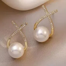 DN ENTERPRISES Gold-Plated Zircon Studded And Pearls Beaded Korean Teardrop Shaped Studs-8
