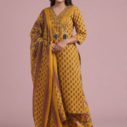 SZN Women Ethnic Motifs Printed Angrakha Pure Cotton Kurta with Palazzos & With Dupatta-picture-7