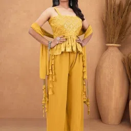 PARROT CREATION Ethnic Motifs Embroidered Georgette A-Line Kurti With Palazzo And Dupatta-image-18