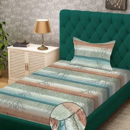 KLOTTHE Green & Brown Striped 300 TC Single Bedsheet With 1 Pillow Cover - 2.25 x 1.50 m-17