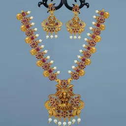 Diksha collection Brass-Plated Stone Studded & Beaded Matte Finish Jewellery Set-image-56