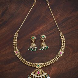 Kushal's Fashion Jewellery Ruby-Green Gold-Plated Ethnic Antique Jewellery Set-26