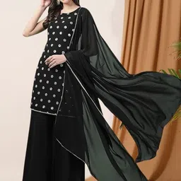 PARROT CREATION Geometric Embroidered Georgette Straight Kurti With Sharara & Dupatta-4
