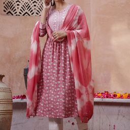 Sangria Pink Floral Printed Mirror Work A-Line Kurta With Trousers And Dupatta-8