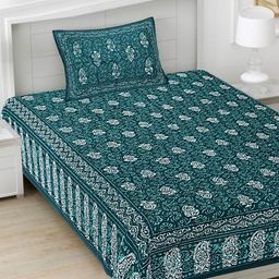 FrionKandy Living Sea Green Ethnic Motifs Printed Cotton 180 TC Single Bedsheet Set-image-27