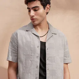 HIGHLANDER Self Design Cuban Collar Short Sleeves Casual Dobby Cotton Shirt-image-8