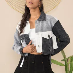 StyleStone Women Colourblocked Crop Outdoor Denim Jacket with Patchwork-picture-48