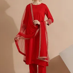Jaipur Kurti Sequin Embroidered Silk Blend Kurta Set with Net Dupatta image 1