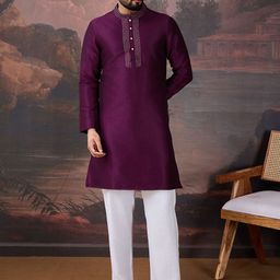 House of Pataudi Embroidered Mandarin Collar Straight Kurta-image-88