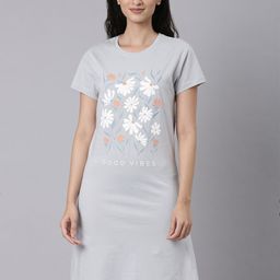 TWIN BIRDS Women Cotton Printed Light Grey Lounge Wear Long Tee T-shirt Nightdress-image-81