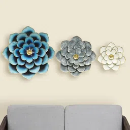 vedas Mystic Indiana Blue & Grey 3 Pieces Textured Metal Veda Floral Wall Decors-image-58