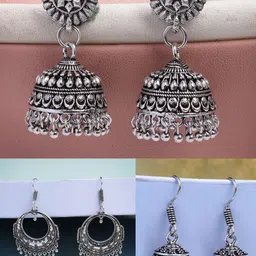 Anouk Set of 3 German Silver Plated Artificial Beads Oxidised Dome Shaped Jhumkas-16