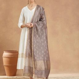 Fabindia Ethnic Motifs Printed Zari Cotton Silk Dupatta-picture-35