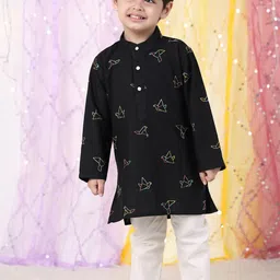 Polka Tots Boys Origami Bird Embroidered Thread Work Pure Cotton Kurta With Pyjama-33