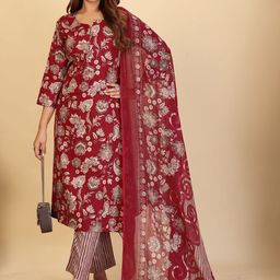 Larqi Floral Printed Notch Neck Pure Cotton Straight Kurta & Trousers With Dupatta-image-18