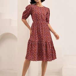 DressBerry Women Floral Printed Tiered Puff Sleeve Crepe Fit & Flare Midi Dress-image-77