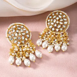 Peora Gold Plated Stone Studded & Kundan Beaded Drop Earrings-40