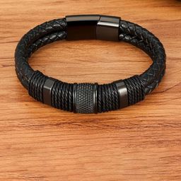 MEENAZ Men Leather Oxidised Silver-Plated Multistrand Bracelet-image-110