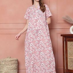 Kanvin Women Floral Printed Pure Cotton Maxi Nightdress-image-56