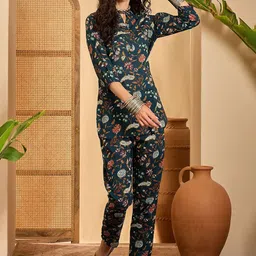 Sangria Floral Printed Pure Cotton Mandarin Collar Tunic & Trousers Co-Ords-picture-17