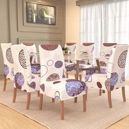 Kuber Industries 8-Pcs Cream-Colored Brown Gola Printed Stretchable Dining Chair Cover-27