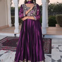 Warthy Ent Floral Embroidered Empire Ethnic Dress With Dupatta-image-6