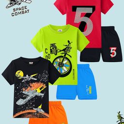 KUCHIPOO Boys Pack Of 3 Printed Round Neck T-Shirts With Shorts-40