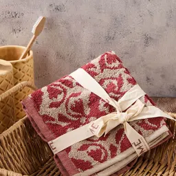 Fabindia Red & Off White 2 Pieces Printed Cotton 570 GSM Towel Set-49