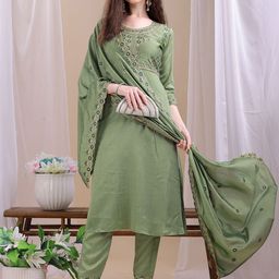 KALINI Ethnic Motifs Embroidered Straight Thread Work Kurta With Trousers & Dupatta-image-67