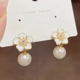 Estailo fashion Stainless Steel Pearls Beaded Floral Shaped Drop Earrings-29