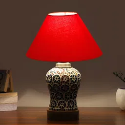 Devansh Red Printed Wooden Frustum Shaped Table Lamp With Mosaic Glass Base-24