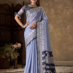 KAYOMMI Paisley Printed Pure Linen Jamdani Saree-image-91
