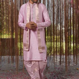 HILO DESIGN Men Ethnic Motifs Embroidered Kurta with Dhoti Pants & With Dupatta image 2