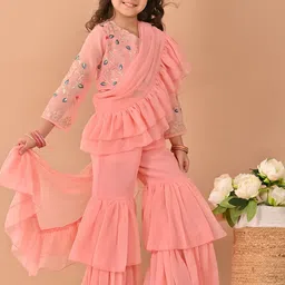 LilPicks Embroidered Top & Flared Sharara Set With Attached Dupatta-image-2